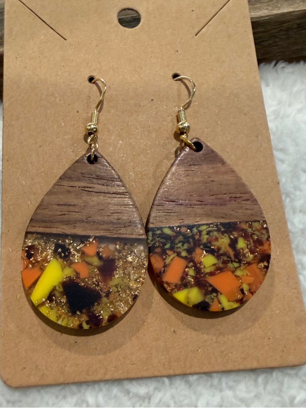 Wood and Resin Teardrop Earrings in Yellow & Orange
